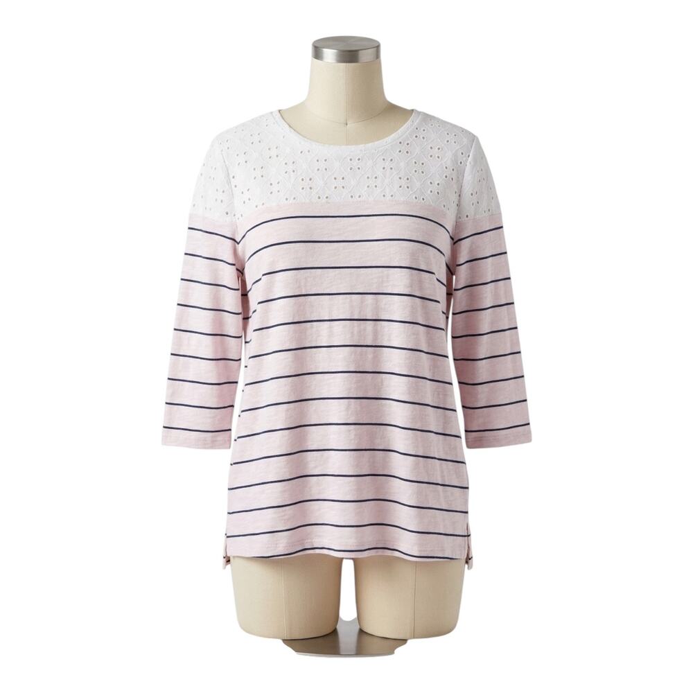 Maurices Large White Navy Striped Crochet Lace Eyelet 3/4 Sleeve Blouse L
